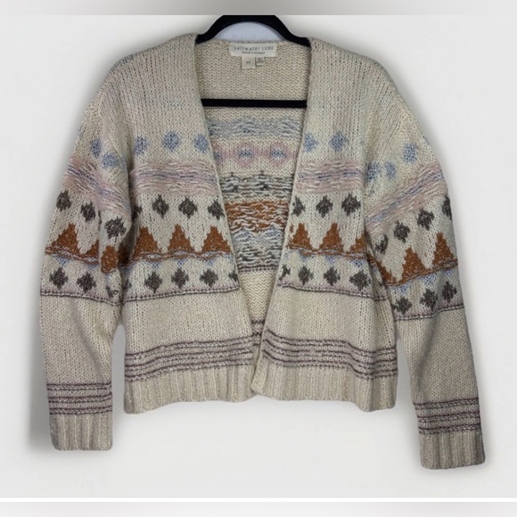 Saltwater Luxe Boho Aztec Cardigan Open Front Chunky Knit Neutral M Wool Blend - Picture 2 of 8